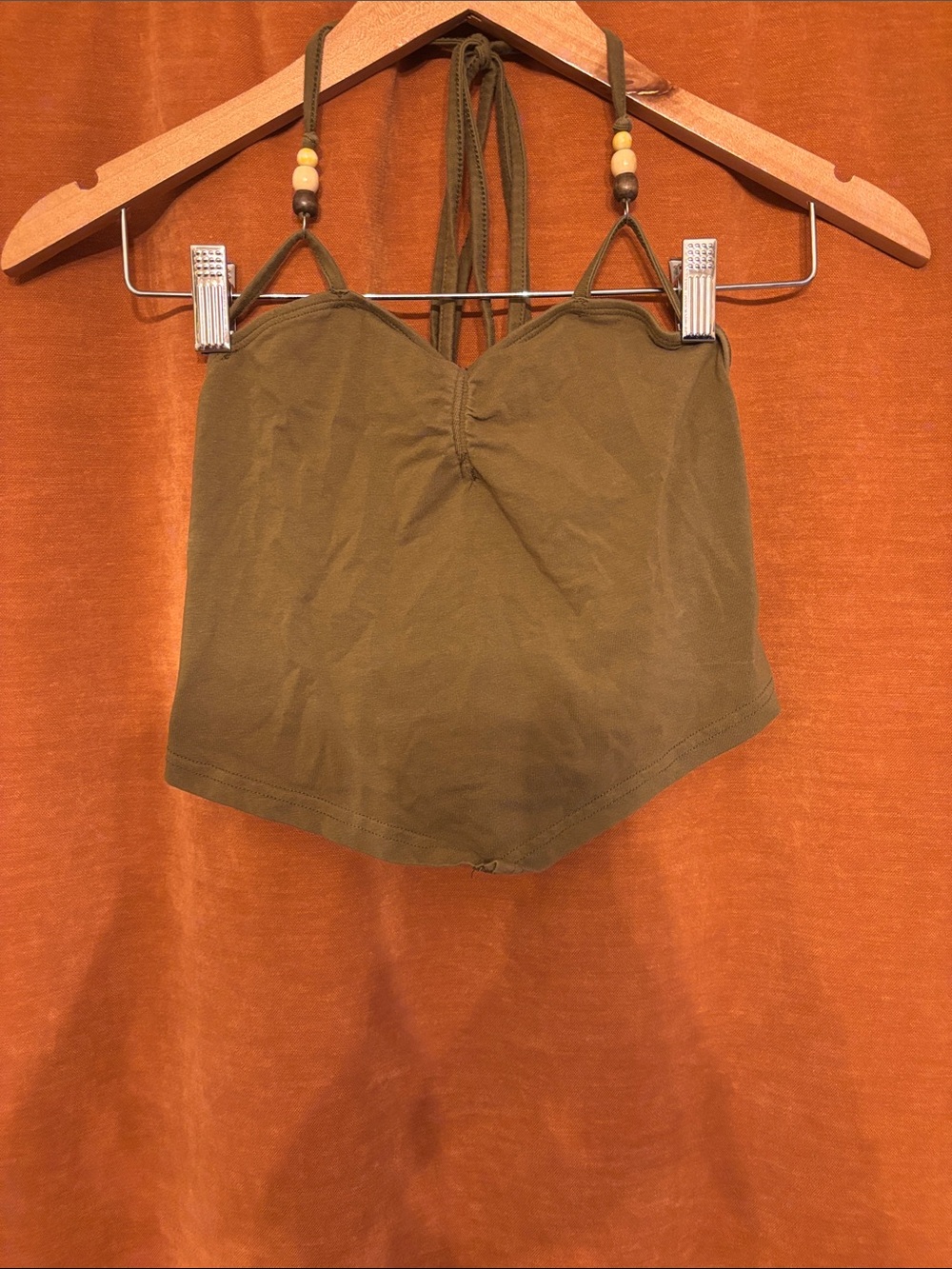 SHEIN Olive Green Tie-Back Halter Crop Top with Bead Accent